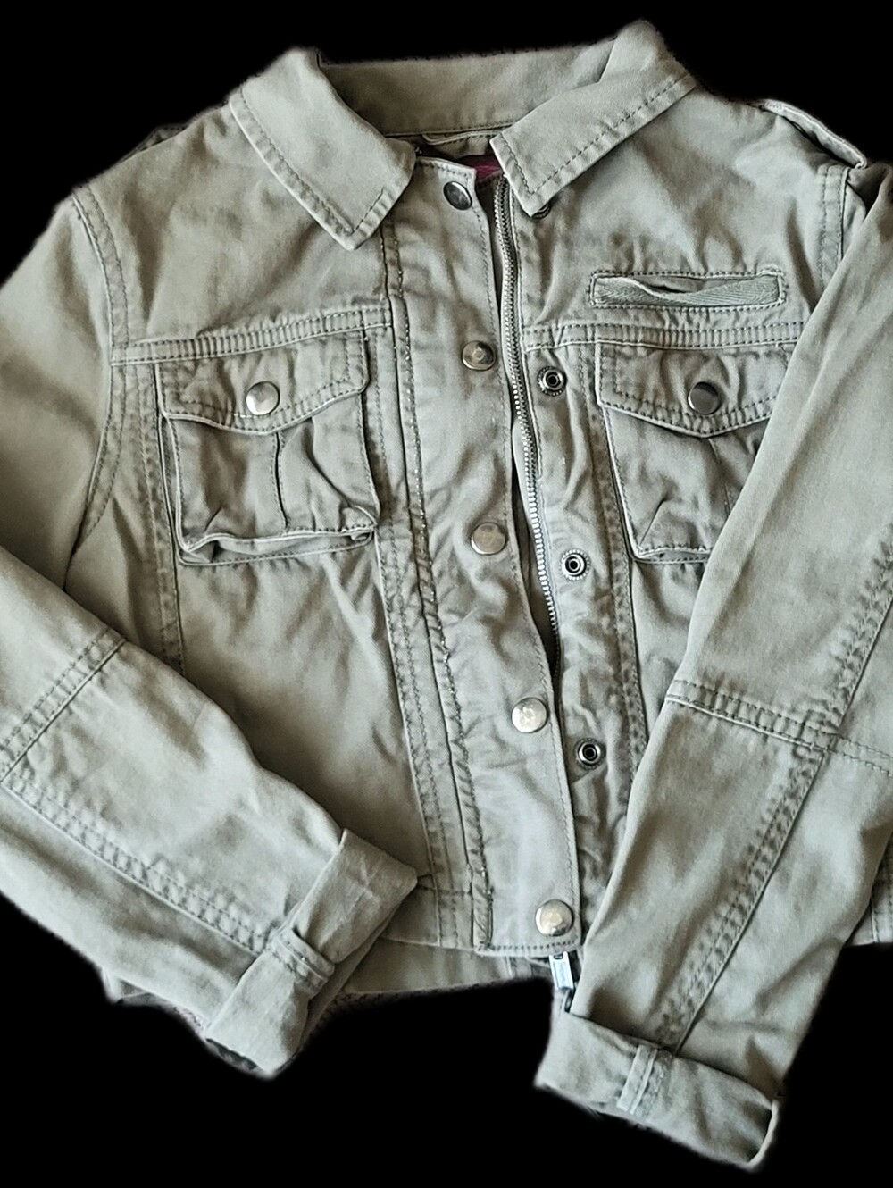 Girls' Light Olive Utility Jacket - Casual Zip & Snap Front Size Medium